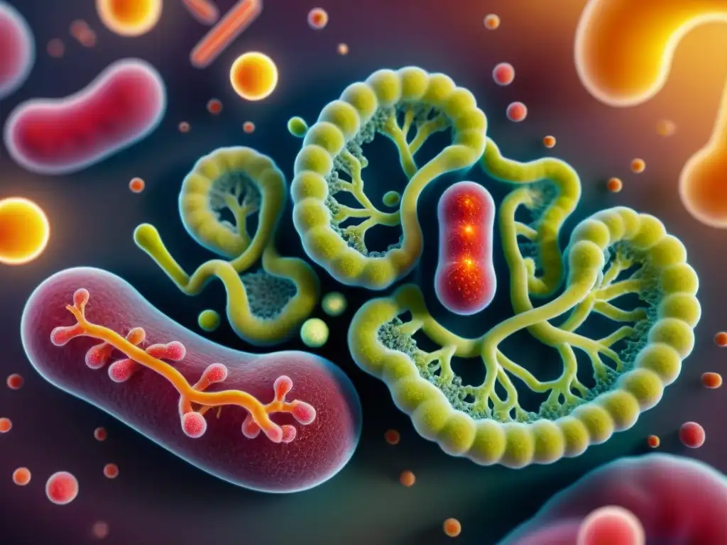 Una vista detallada y realista de bacterias intestinales en un entorno vibrante y saludable