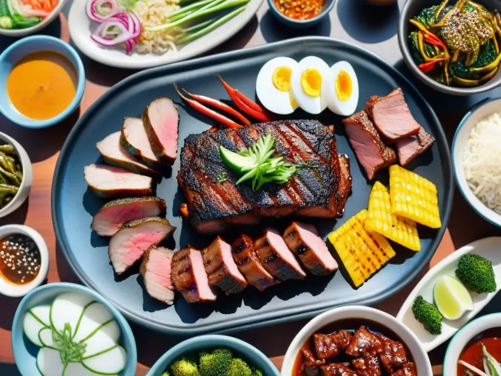 Una vista detallada y vibrante de un banquete tradicional de barbacoa coreana con platos de carne en Asia y banchan coloridos