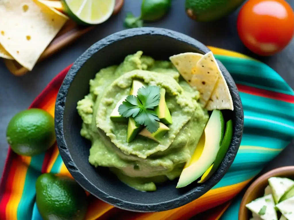 Una vista detallada y vibrante de un molcajete mexicano con guacamole fresco y colorido, sobre un serape tejido a mano