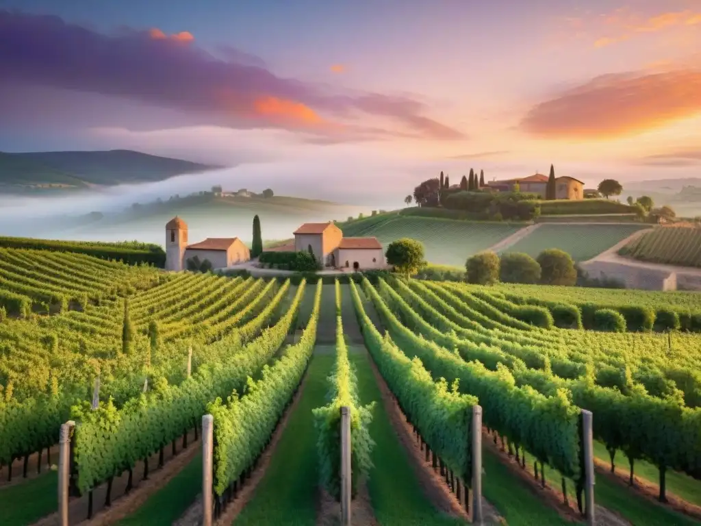 Vista detallada de un viñedo europeo al atardecer, con viñas verdes y bodega de piedra iluminada