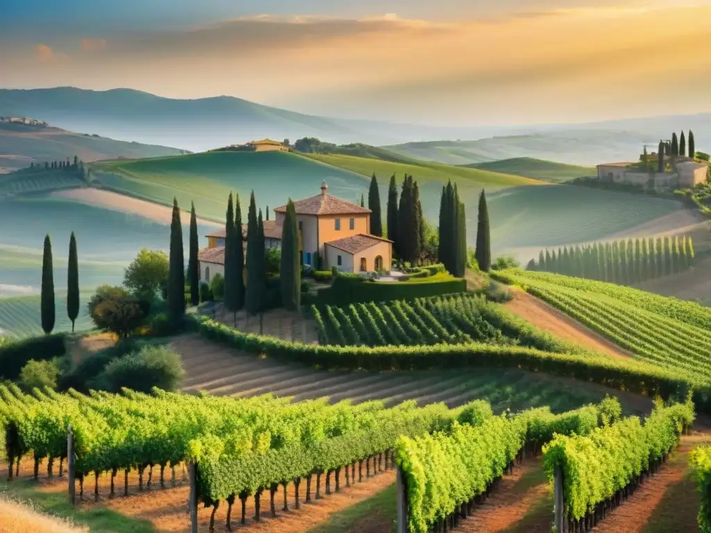 Vista encantadora de viñedo en Toscana al atardecer