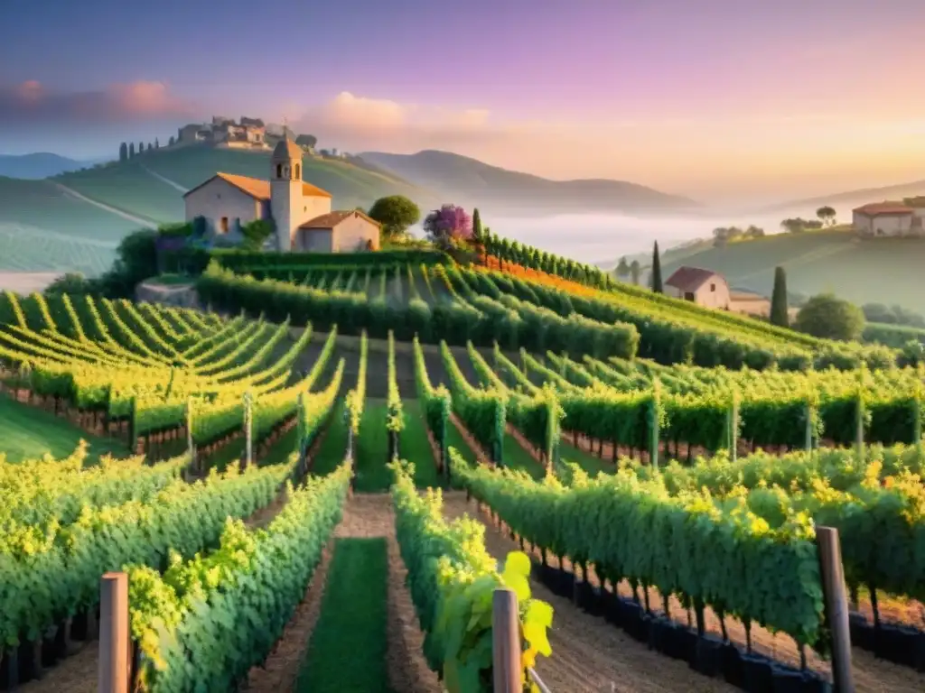 Vista idílica de un viñedo europeo al atardecer con el sol brillante, transmitiendo la evolución del vino espumoso en Europa