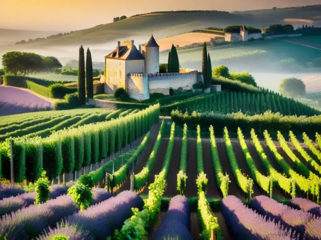 Vista impresionante de la Ruta del vino bodegas Francia: viñedos bañados por la luz dorada del sol, château elegante y lavanda en flor