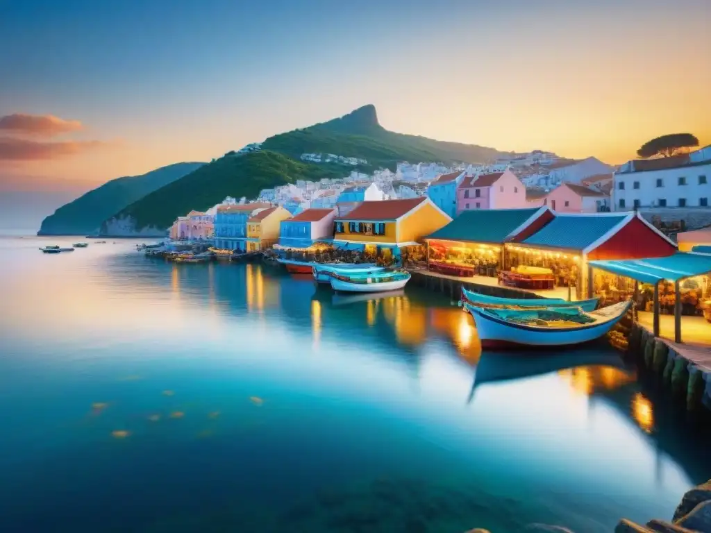 Vista mágica de un pueblo costero con pescadores, mercado y restaurantes frente al mar al atardecer