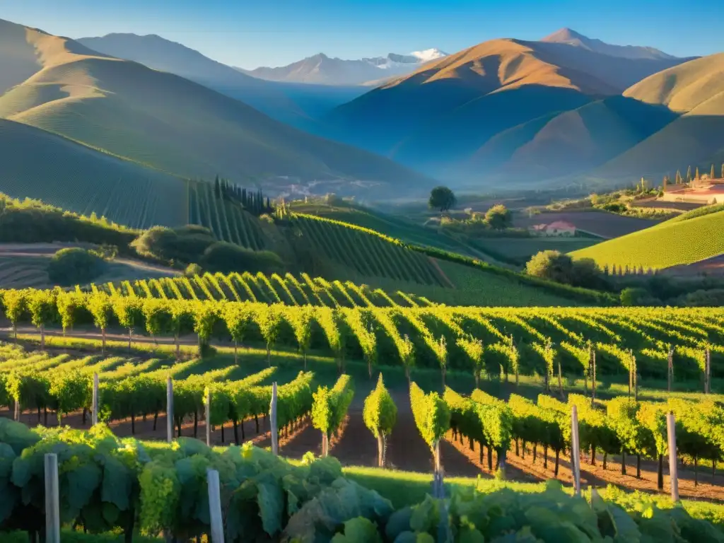 Vista panorámica de viñedo chileno al amanecer con hileras de vides alineadas