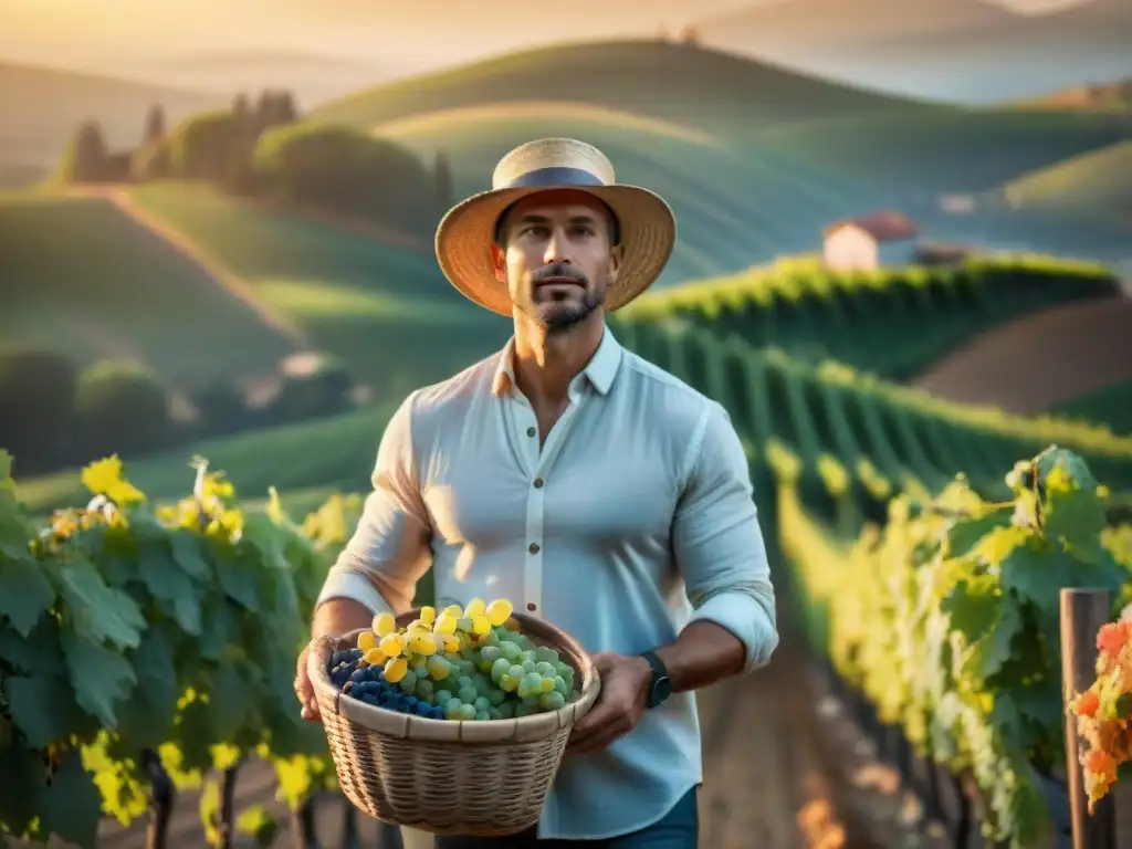 Un viticultor orgulloso contempla su cosecha al atardecer en un viñedo pintoresco