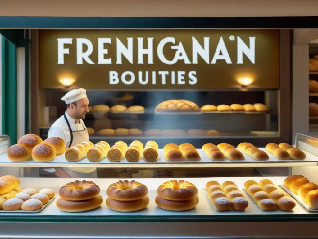Vitrina llena de KouignAmann recién horneados en panadería francesa de Bretaña