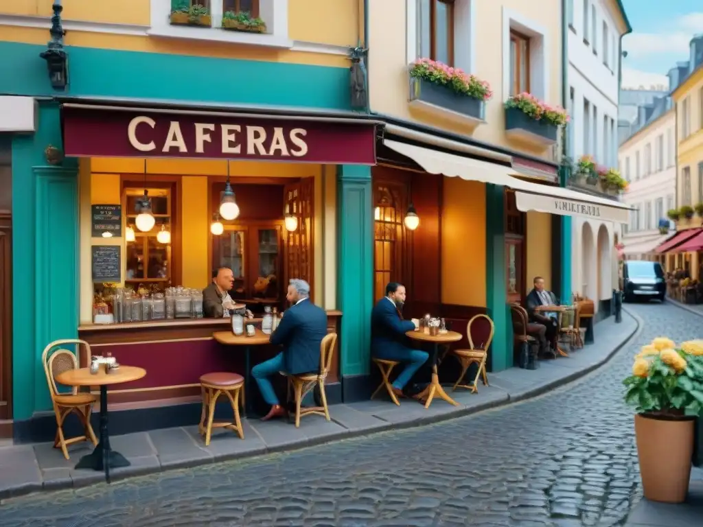 Escena encantadora de cafetería histórica en ciudad europea Vivencia única en una cafetería histórica europea, con detalles encantadores y ambiente atemporal