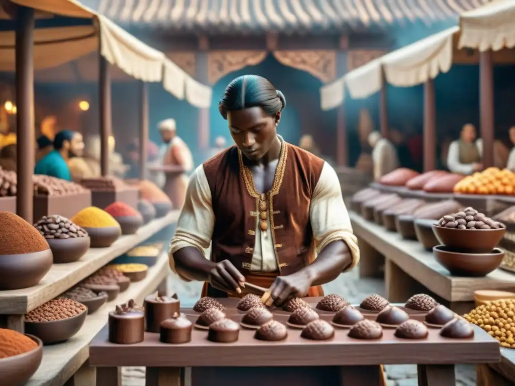 Vívida escena del mercado antiguo con intercambio de cacao y chocolate