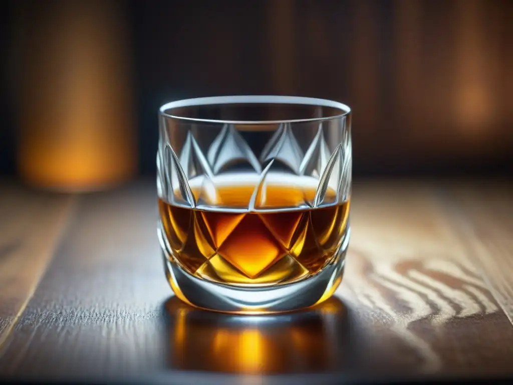 Whiskies del Mundo Tradiciones Únicas: Detalle de vaso de whisky con whisky dorado en mesa de madera rústica