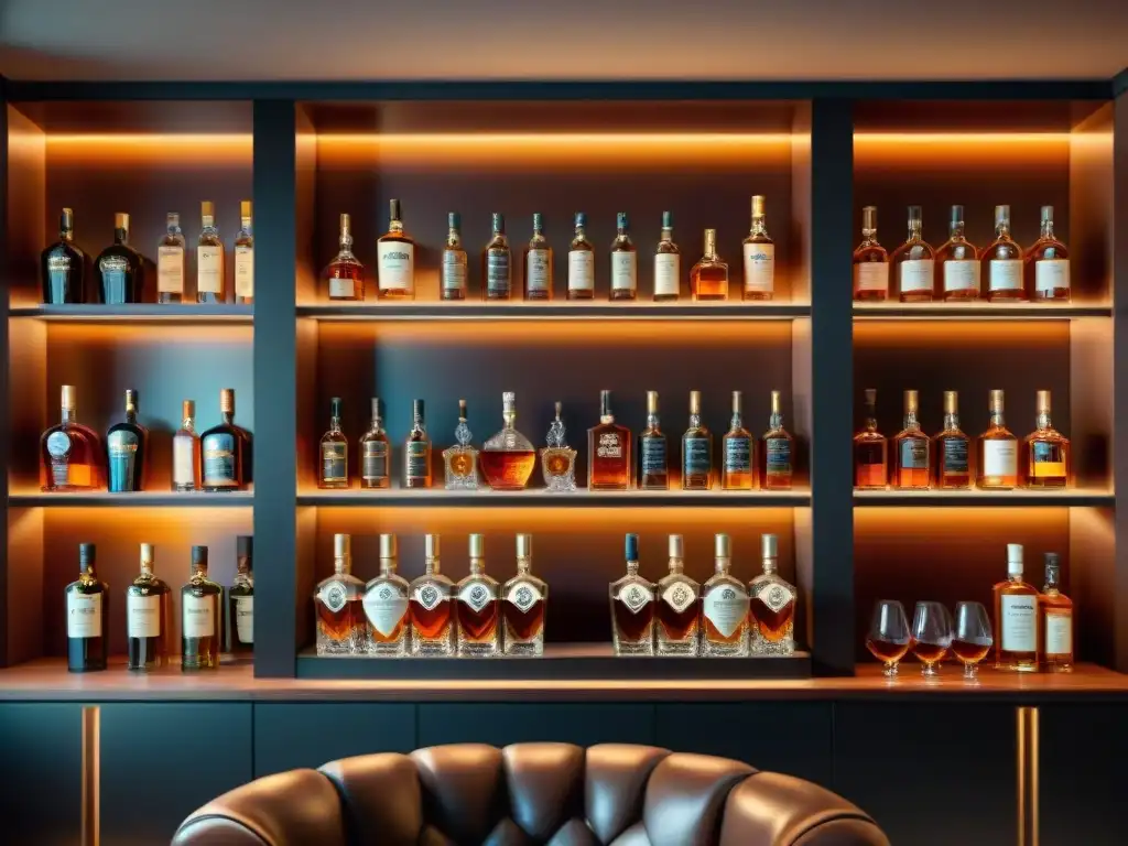 Invertir en whisky para principiantes: Elegante bar en casa con botellas de whisky premium, cristalería y silla de cuero