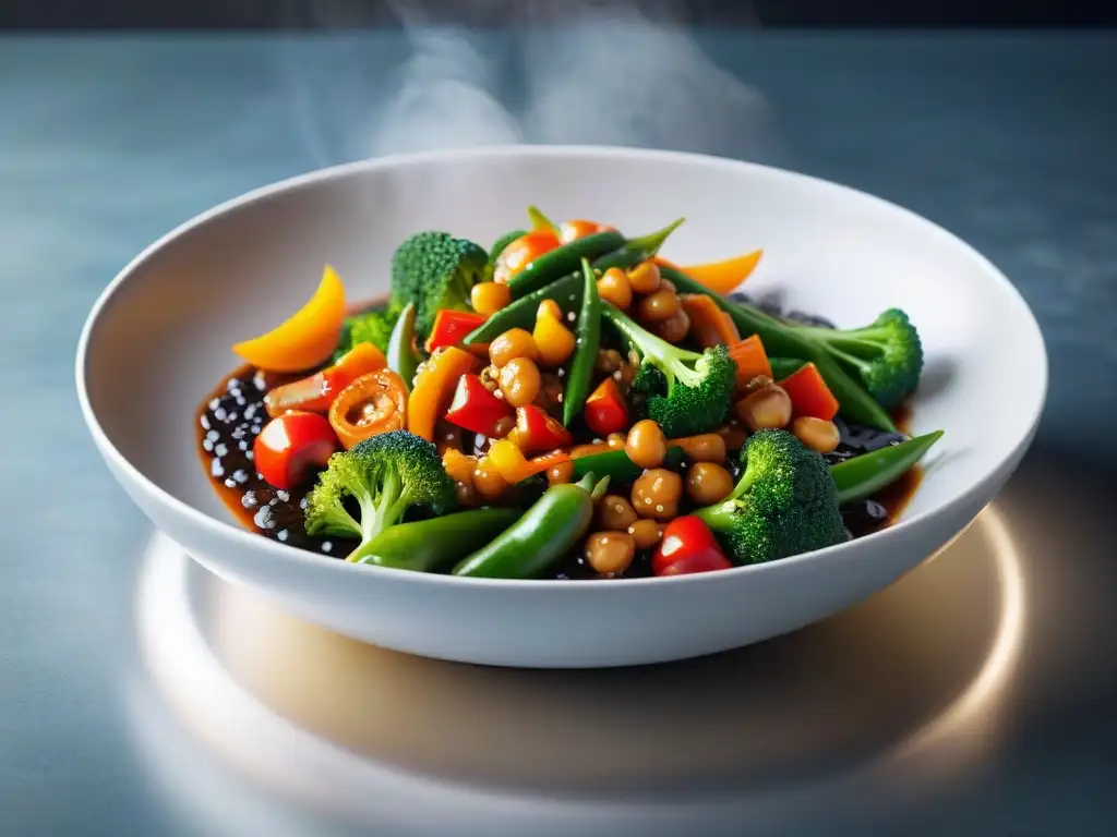 Un wok tradicional asiático rebosante de verduras frescas y coloridas en una fusión de cocina asiática y dieta vegana